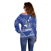 Northern Mariana Islands Off Shoulder Sweater Chamorro Warrior Tribal Pattern