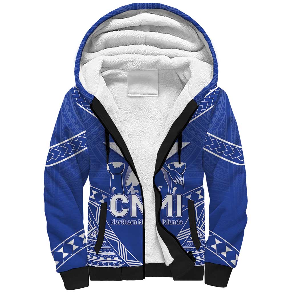 Northern Mariana Islands Sherpa Hoodie Chamorro Warrior Tribal Pattern LT05 Unisex Blue - Polynesian Pride