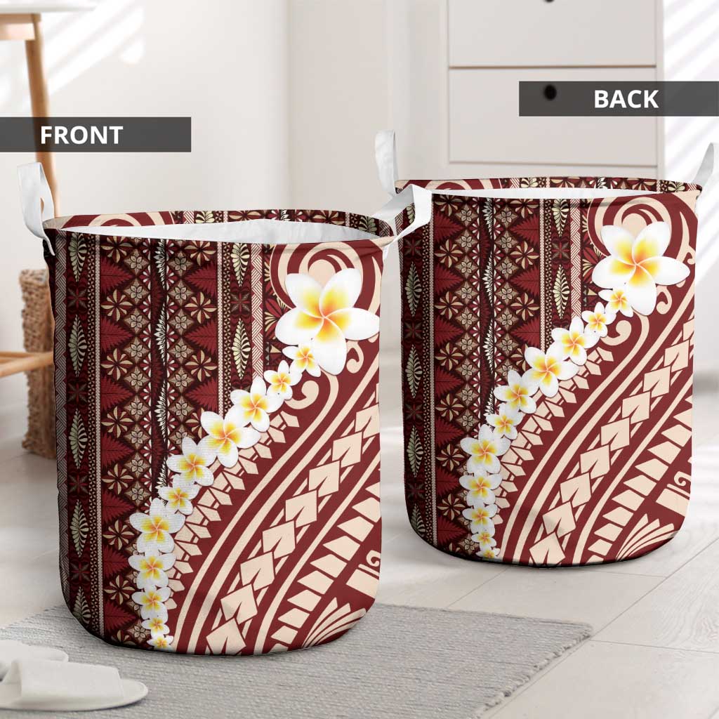 Red Vintage Tonga Ngatu Pattern With Plumeria Laundry Basket LT05 - Polynesian Pride