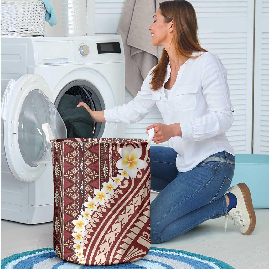 Red Vintage Tonga Ngatu Pattern With Plumeria Laundry Basket LT05 - Polynesian Pride