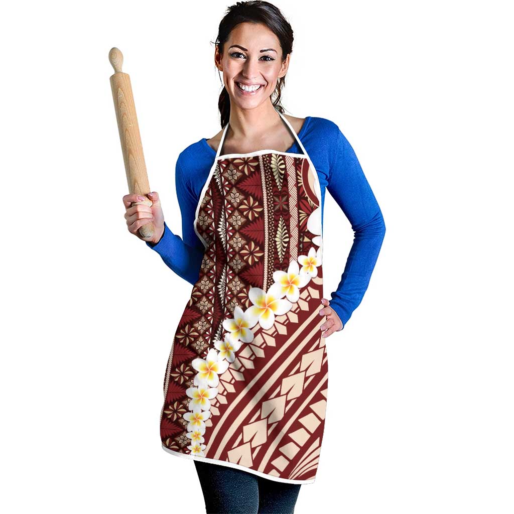 Red Vintage Tonga Ngatu Pattern With Plumeria Apron - Polynesian Pride