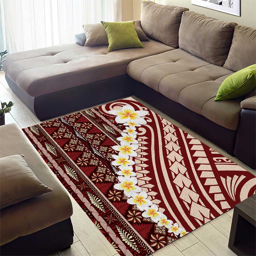 Red Vintage Tonga Ngatu Pattern With Plumeria Area Rug - Polynesian Pride