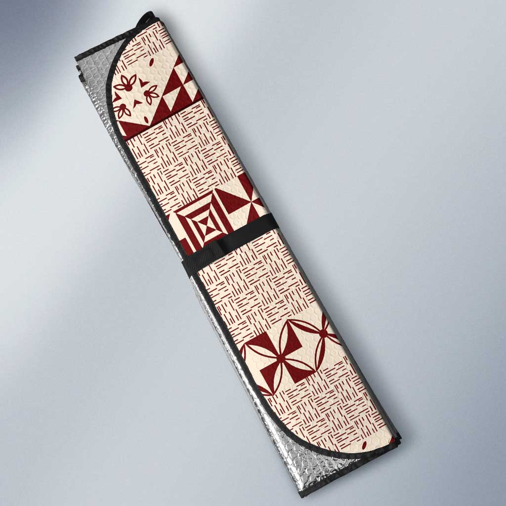 Red Vintage Tonga Ngatu Pattern With Plumeria Auto Sun Shade - Polynesian Pride