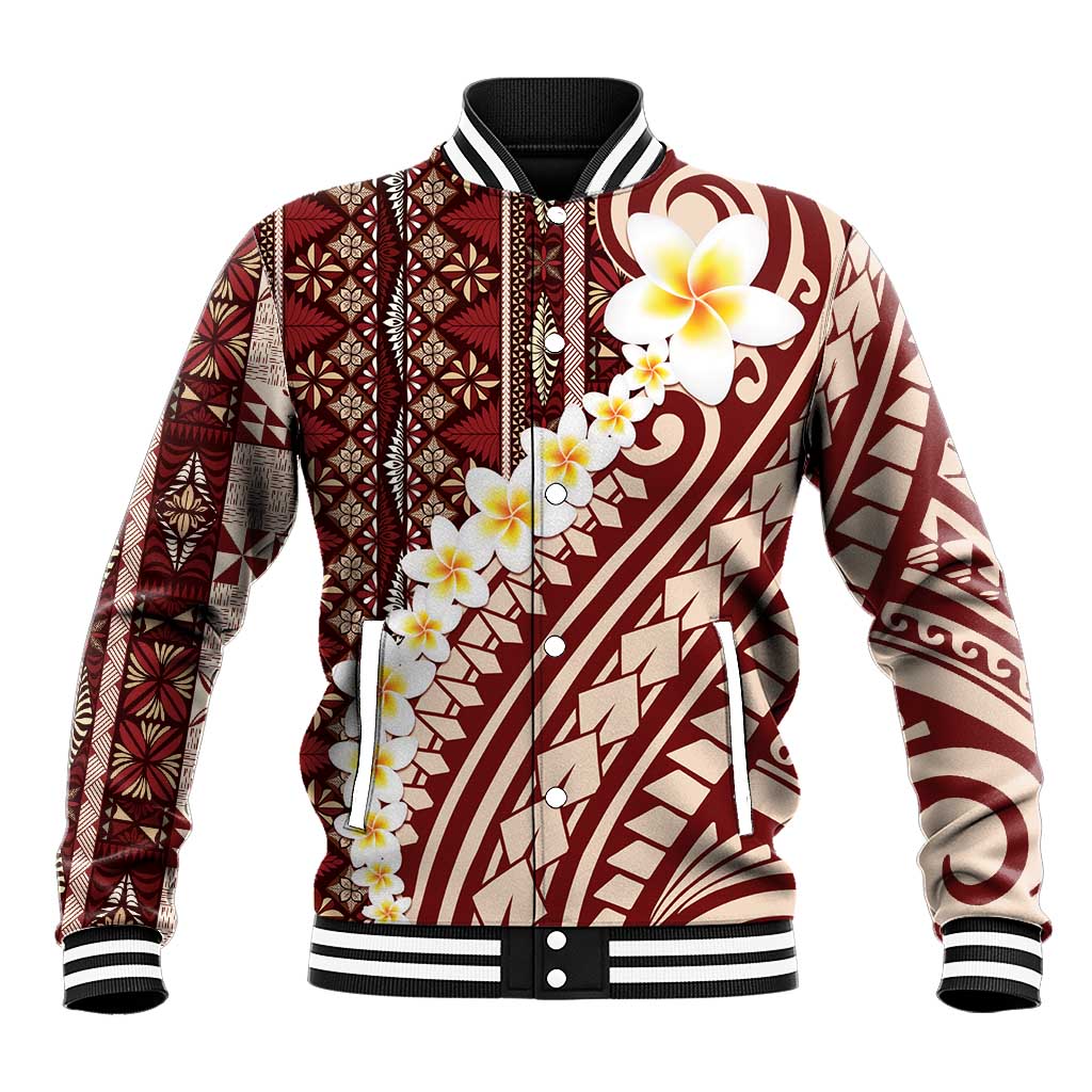 Red Vintage Tonga Ngatu Pattern With Plumeria Baseball Jacket LT05 Unisex Red - Polynesian Pride