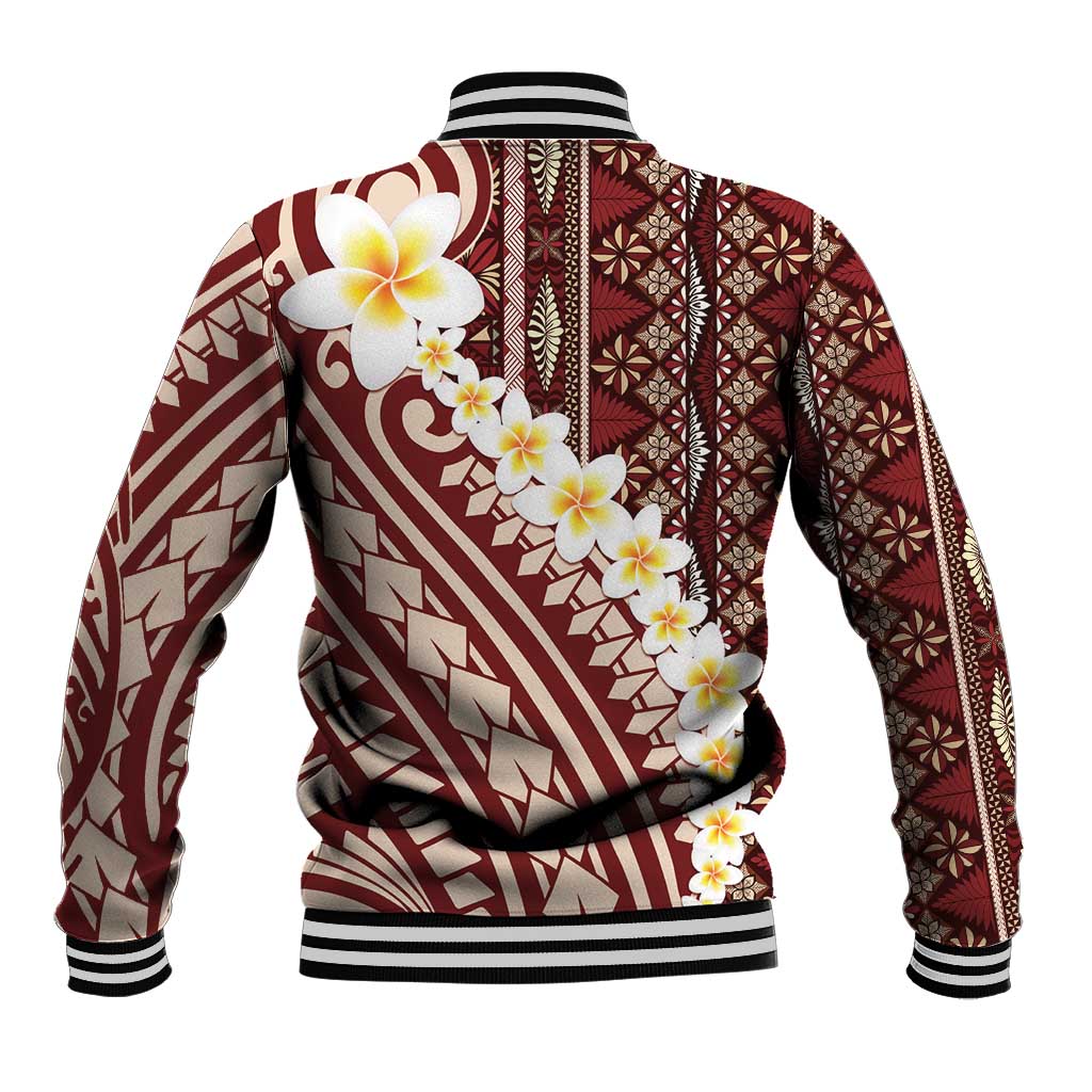 Red Vintage Tonga Ngatu Pattern With Plumeria Baseball Jacket LT05 - Polynesian Pride