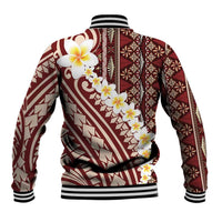 Red Vintage Tonga Ngatu Pattern With Plumeria Baseball Jacket LT05 - Polynesian Pride