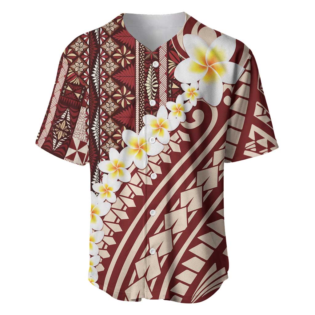 Red Vintage Tonga Ngatu Pattern With Plumeria Baseball Jersey LT05 Red - Polynesian Pride