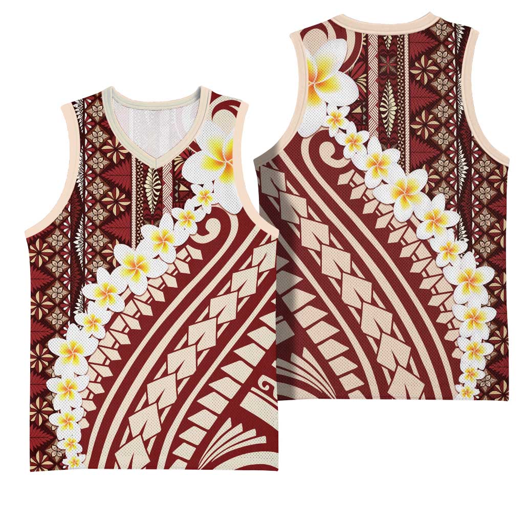 Red Vintage Tonga Ngatu Pattern With Plumeria Basketball Jersey LT05 - Polynesian Pride