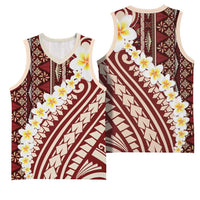 Red Vintage Tonga Ngatu Pattern With Plumeria Basketball Jersey LT05 - Polynesian Pride