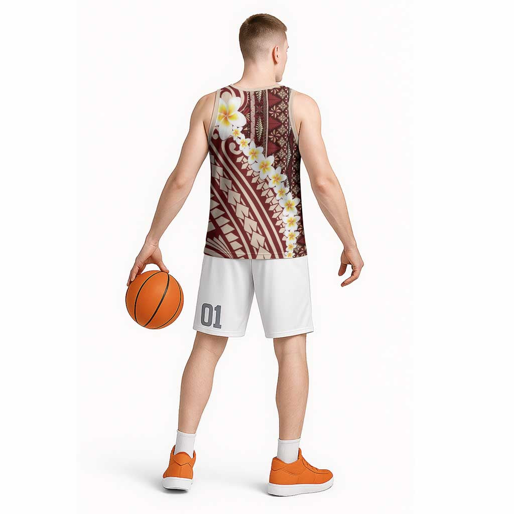 Red Vintage Tonga Ngatu Pattern With Plumeria Basketball Jersey LT05 - Polynesian Pride