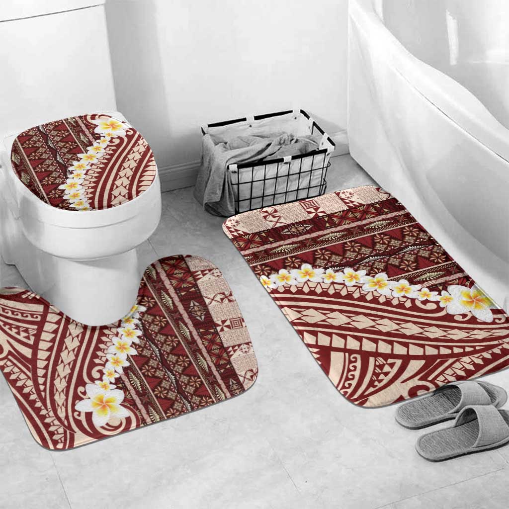 Red Vintage Tonga Ngatu Pattern With Plumeria Bathroom Set - Polynesian Pride