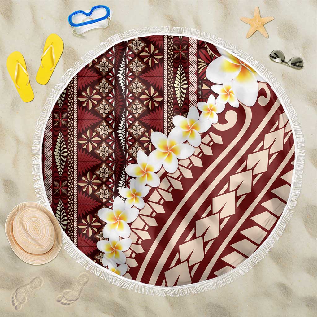 Red Vintage Tonga Ngatu Pattern With Plumeria Beach Blanket - Polynesian Pride