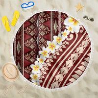 Red Vintage Tonga Ngatu Pattern With Plumeria Beach Blanket - Polynesian Pride