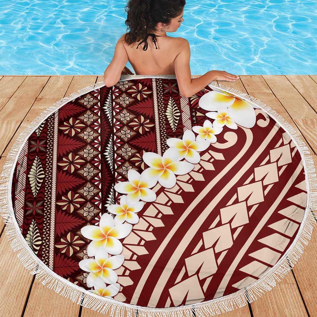 Red Vintage Tonga Ngatu Pattern With Plumeria Beach Blanket - Polynesian Pride