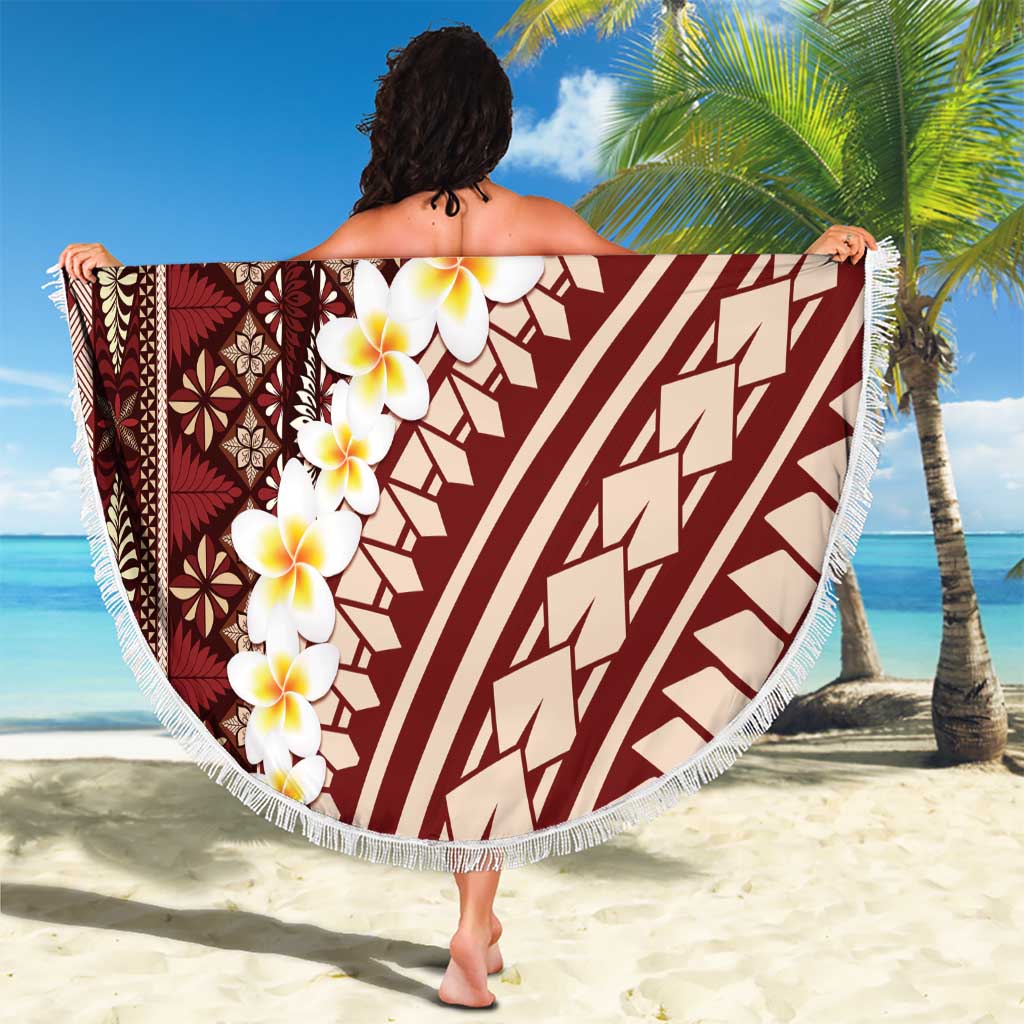 Red Vintage Tonga Ngatu Pattern With Plumeria Beach Blanket - Polynesian Pride