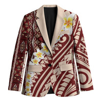 Red Vintage Tonga Ngatu Pattern With Plumeria Blazer - Polynesian Pride