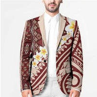 Red Vintage Tonga Ngatu Pattern With Plumeria Blazer - Polynesian Pride