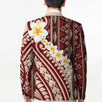 Red Vintage Tonga Ngatu Pattern With Plumeria Blazer - Polynesian Pride