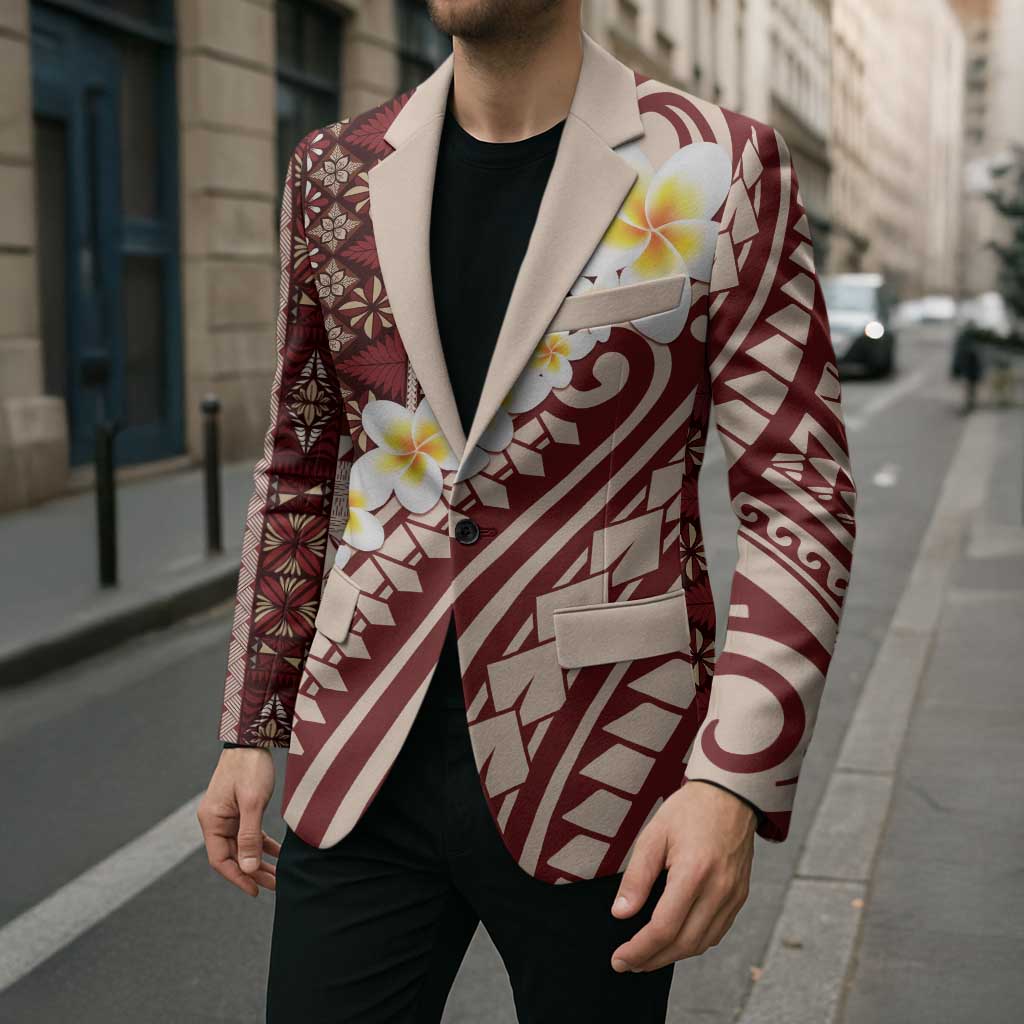Red Vintage Tonga Ngatu Pattern With Plumeria Blazer - Polynesian Pride
