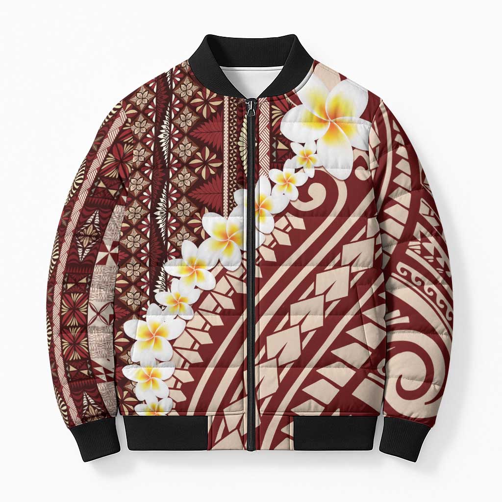 Red Vintage Tonga Ngatu Pattern With Plumeria Bomber Puffer Jacket LT05 Unisex Red - Polynesian Pride