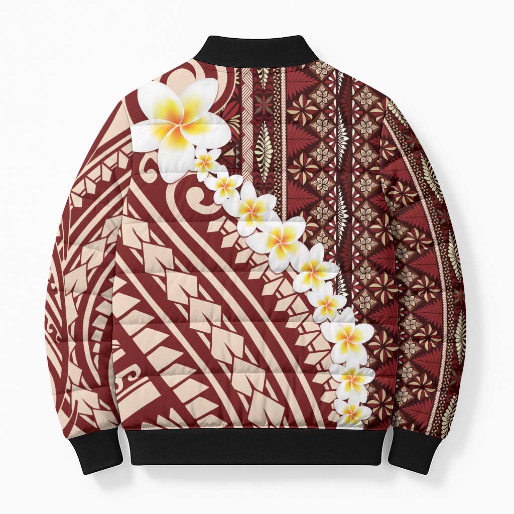 Red Vintage Tonga Ngatu Pattern With Plumeria Bomber Puffer Jacket LT05 - Polynesian Pride