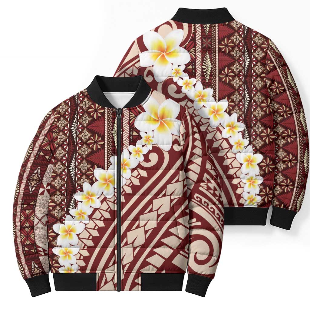 Red Vintage Tonga Ngatu Pattern With Plumeria Bomber Puffer Jacket LT05 - Polynesian Pride