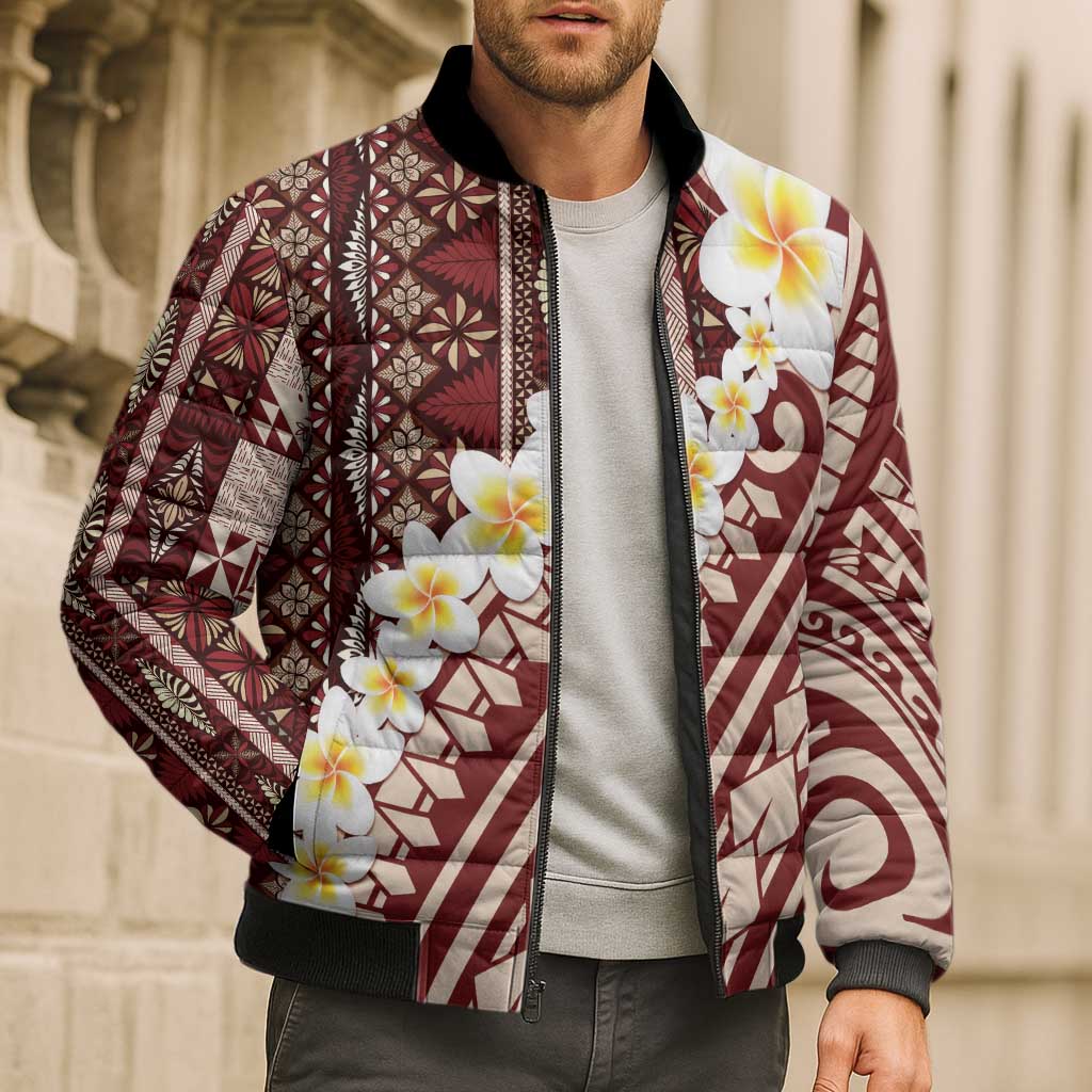 Red Vintage Tonga Ngatu Pattern With Plumeria Bomber Puffer Jacket LT05 - Polynesian Pride