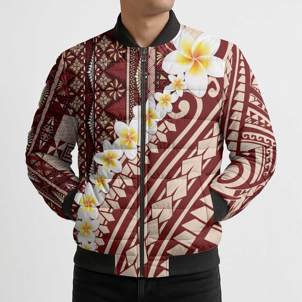 Red Vintage Tonga Ngatu Pattern With Plumeria Bomber Puffer Jacket LT05 - Polynesian Pride