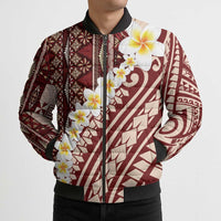 Red Vintage Tonga Ngatu Pattern With Plumeria Bomber Puffer Jacket LT05 - Polynesian Pride