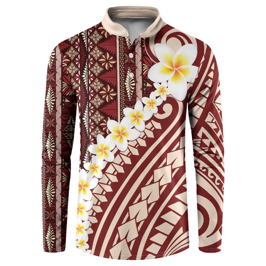 Red Vintage Tonga Ngatu Pattern With Plumeria Button Sweatshirt LT05 Red - Polynesian Pride
