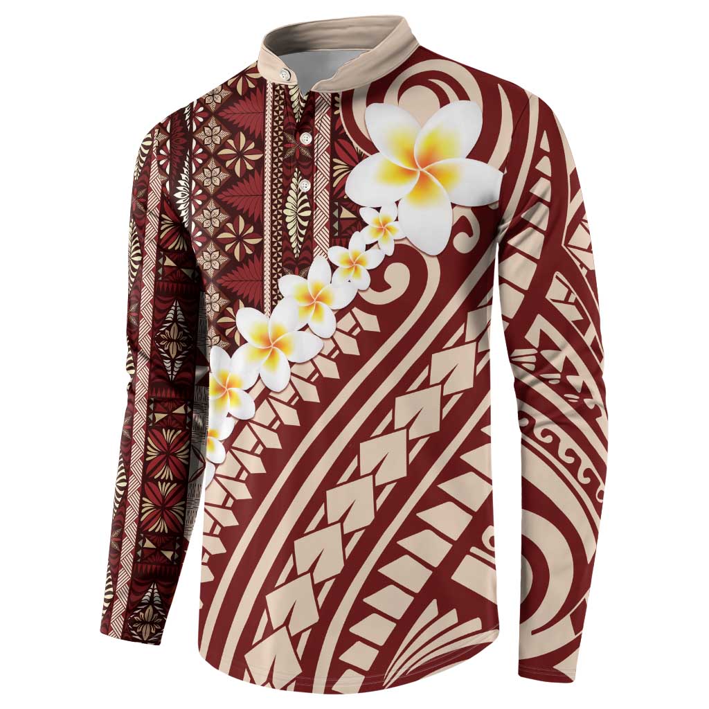 Red Vintage Tonga Ngatu Pattern With Plumeria Button Sweatshirt LT05 - Polynesian Pride