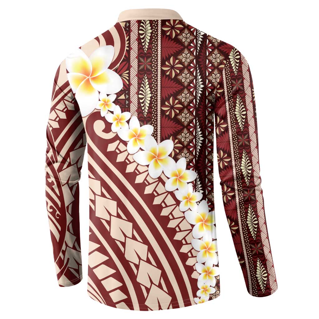 Red Vintage Tonga Ngatu Pattern With Plumeria Button Sweatshirt LT05 - Polynesian Pride