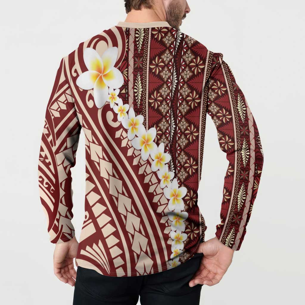 Red Vintage Tonga Ngatu Pattern With Plumeria Button Sweatshirt LT05 - Polynesian Pride
