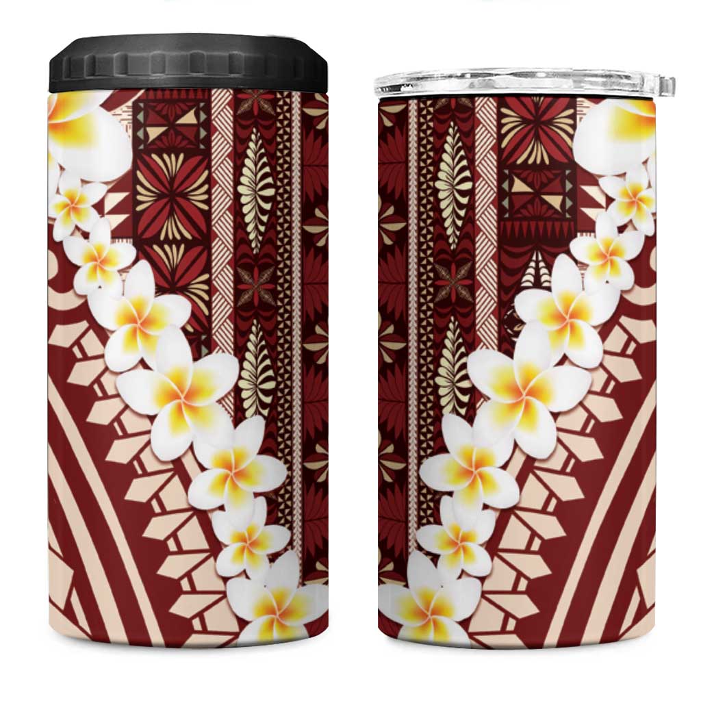 Red Vintage Tonga Ngatu Pattern With Plumeria 4 in 1 Can Cooler Tumbler LT05 One Size: 16 oz Red - Polynesian Pride