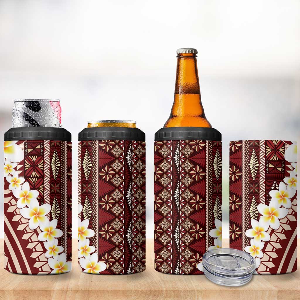 Red Vintage Tonga Ngatu Pattern With Plumeria 4 in 1 Can Cooler Tumbler LT05 - Polynesian Pride