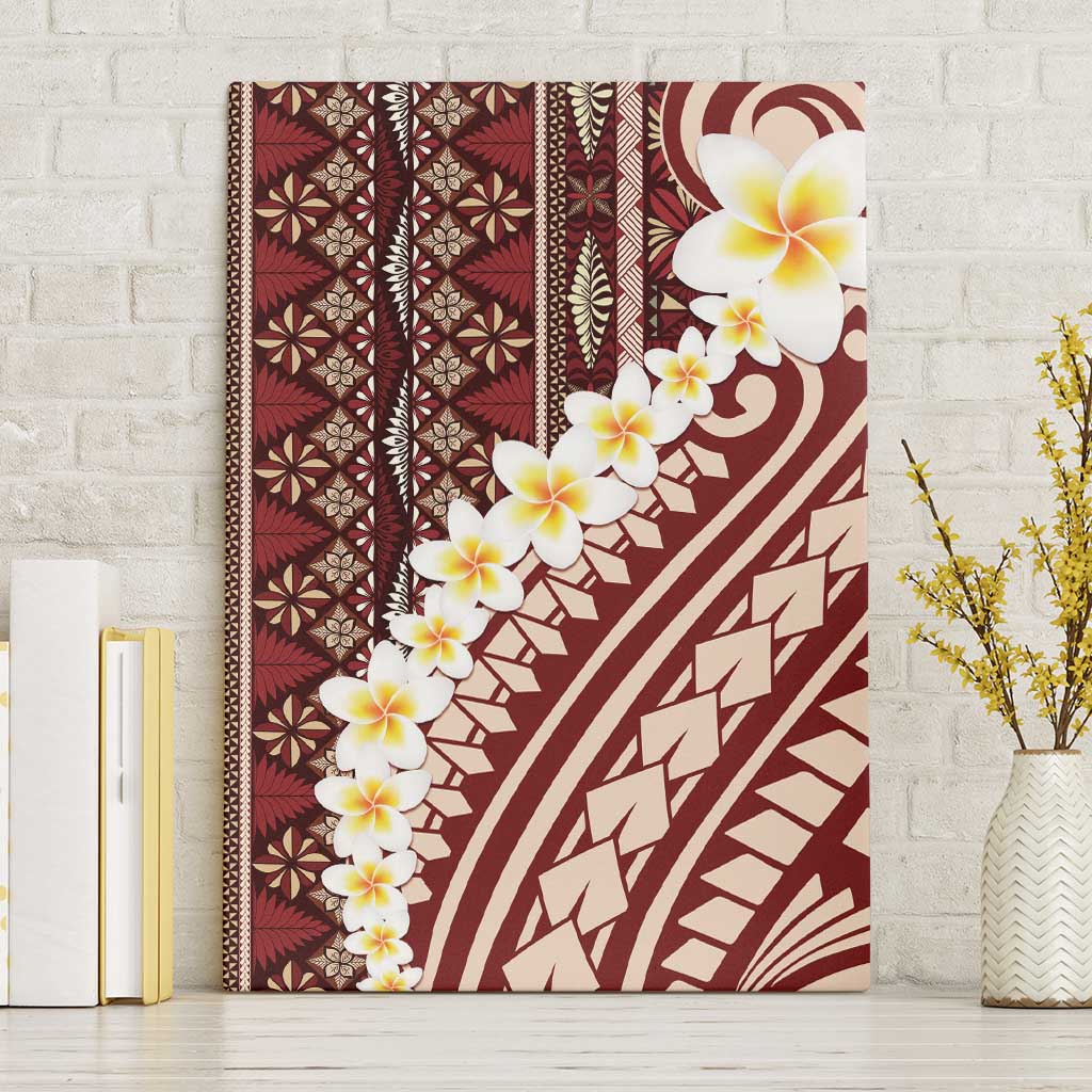 Red Vintage Tonga Ngatu Pattern With Plumeria Canvas Wall Art LT05 Without Frame Red - Polynesian Pride