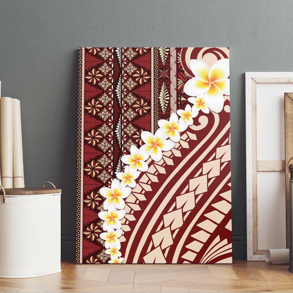Red Vintage Tonga Ngatu Pattern With Plumeria Canvas Wall Art LT05 - Polynesian Pride