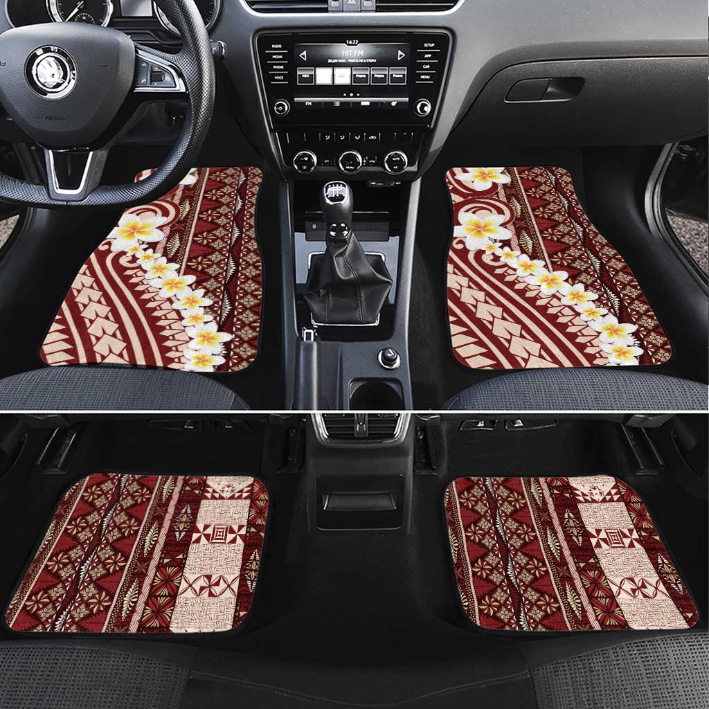 Red Vintage Tonga Ngatu Pattern With Plumeria Car Mats LT05 Set 4pcs Red - Polynesian Pride