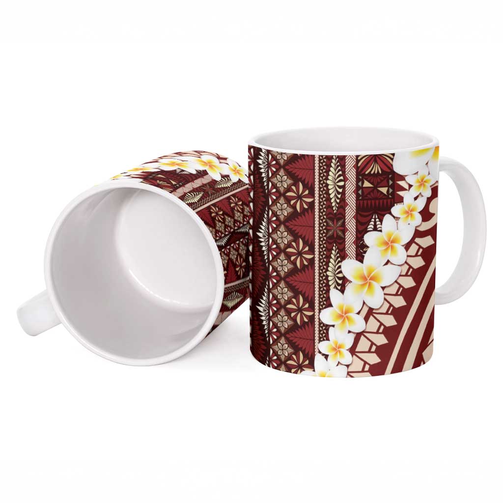 Red Vintage Tonga Ngatu Pattern With Plumeria Ceramic Mug - Polynesian Pride