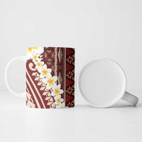 Red Vintage Tonga Ngatu Pattern With Plumeria Ceramic Mug - Polynesian Pride