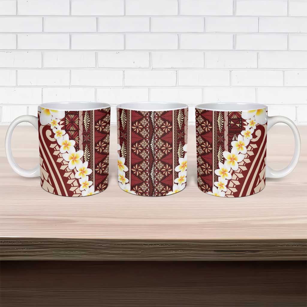 Red Vintage Tonga Ngatu Pattern With Plumeria Ceramic Mug - Polynesian Pride