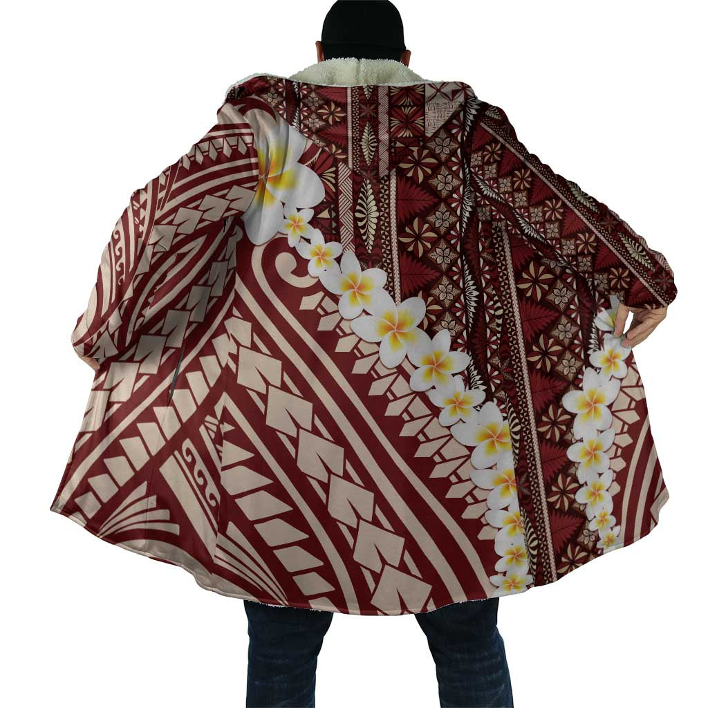 Red Vintage Tonga Ngatu Pattern With Plumeria Cloak LT05 - Polynesian Pride
