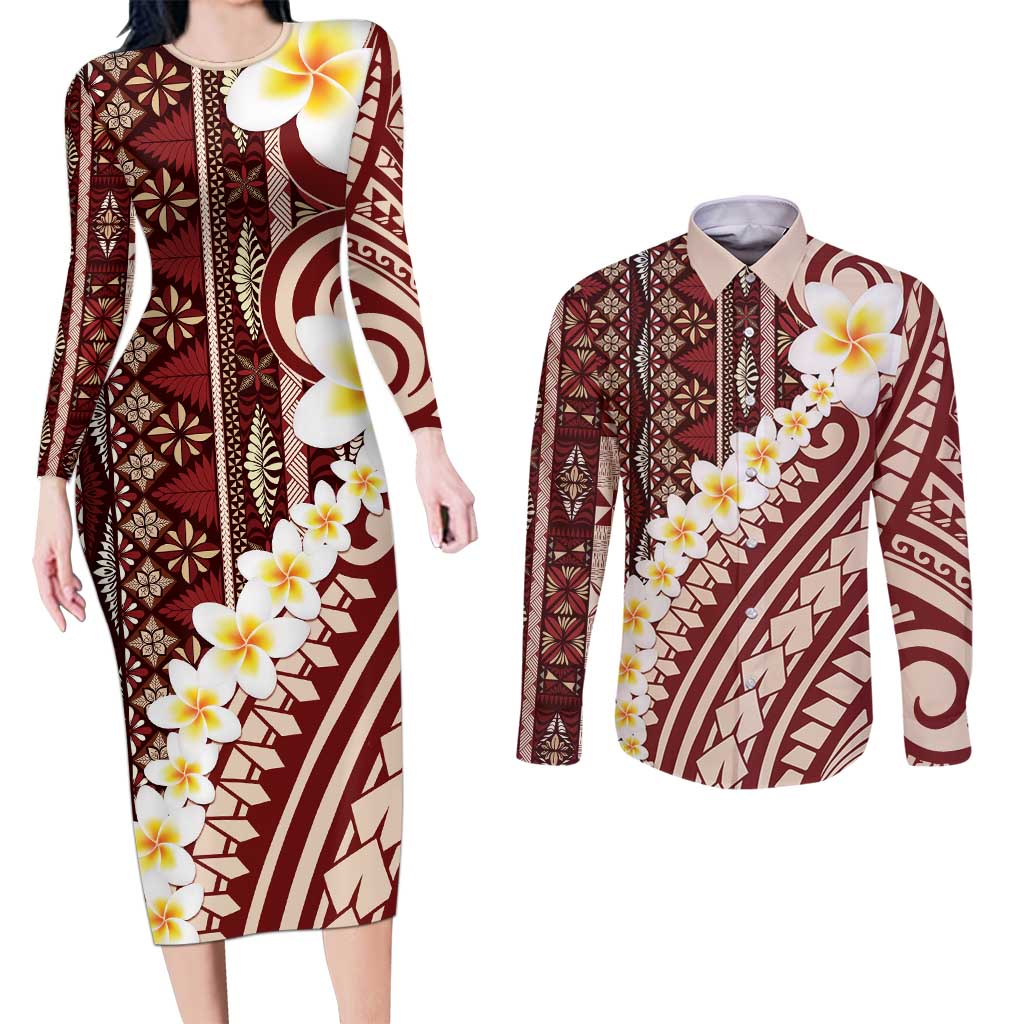 Red Vintage Tonga Ngatu Pattern With Plumeria Couples Matching Long Sleeve Bodycon Dress and Long Sleeve Button Shirt LT05 Red - Polynesian Pride