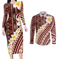 Red Vintage Tonga Ngatu Pattern With Plumeria Couples Matching Long Sleeve Bodycon Dress and Long Sleeve Button Shirt LT05 Red - Polynesian Pride