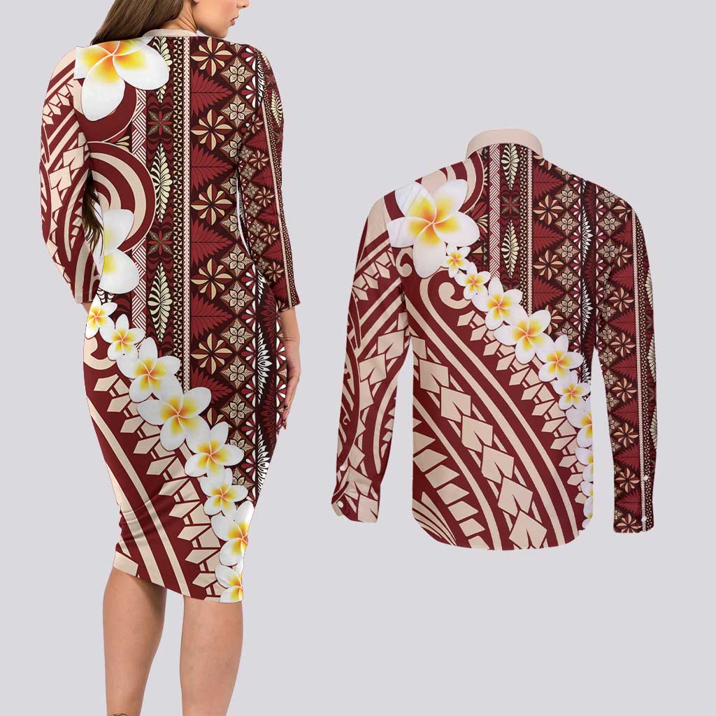Red Vintage Tonga Ngatu Pattern With Plumeria Couples Matching Long Sleeve Bodycon Dress and Long Sleeve Button Shirt LT05 - Polynesian Pride