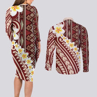 Red Vintage Tonga Ngatu Pattern With Plumeria Couples Matching Long Sleeve Bodycon Dress and Long Sleeve Button Shirt LT05 - Polynesian Pride
