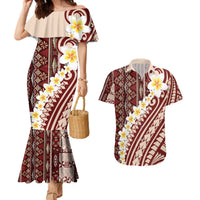 Red Vintage Tonga Ngatu Pattern With Plumeria Couples Matching Mermaid Dress and Hawaiian Shirt LT05 Red - Polynesian Pride