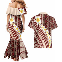 Red Vintage Tonga Ngatu Pattern With Plumeria Couples Matching Mermaid Dress and Hawaiian Shirt LT05 - Polynesian Pride