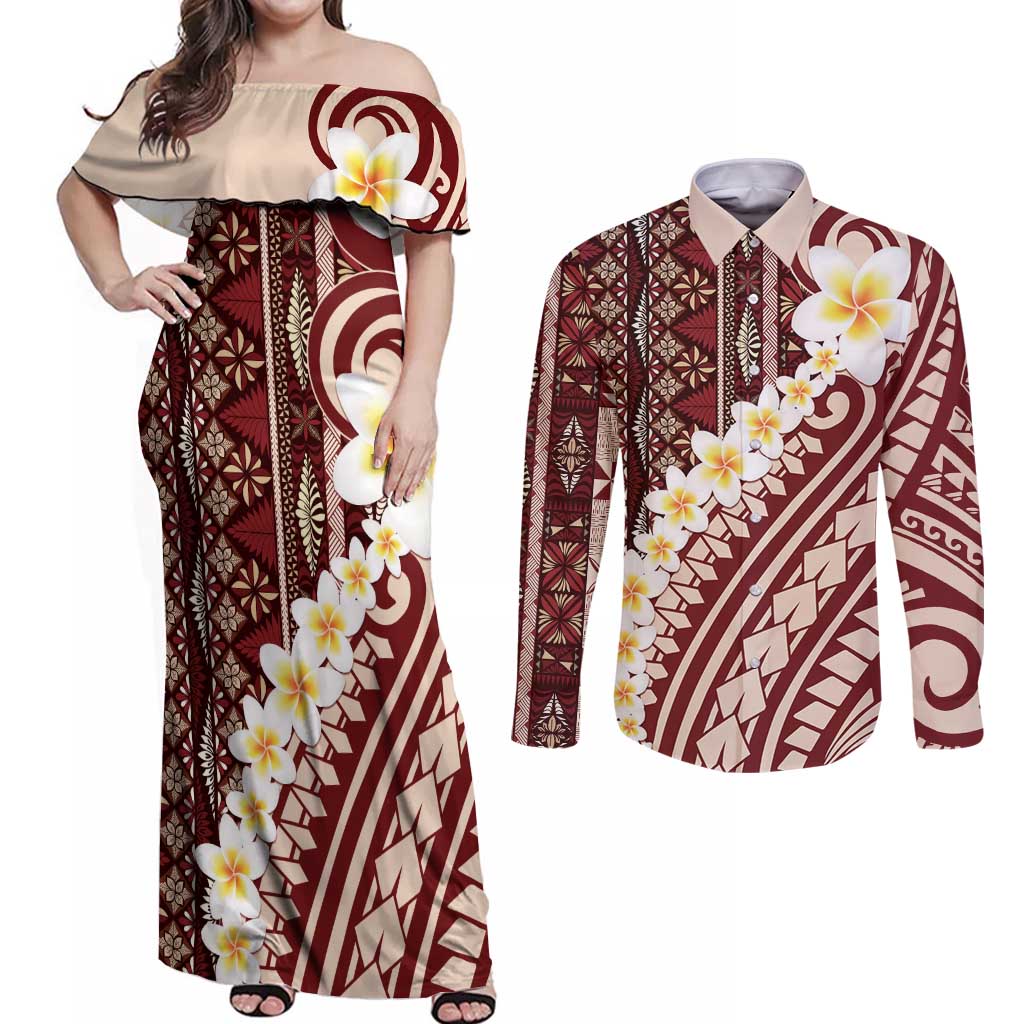 Red Vintage Tonga Ngatu Pattern With Plumeria Couples Matching Off Shoulder Maxi Dress and Long Sleeve Button Shirt - Polynesian Pride