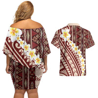 Red Vintage Tonga Ngatu Pattern With Plumeria Couples Matching Off Shoulder Short Dress and Hawaiian Shirt - Polynesian Pride